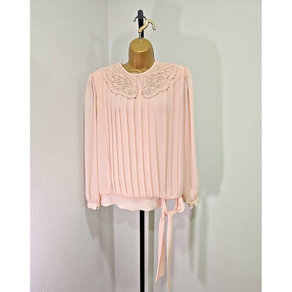 Vtg Cottage Fairy Peach Embroidered Lace Collar Pleated Top Womens 16 Waist Tie - Picture 1 of 6